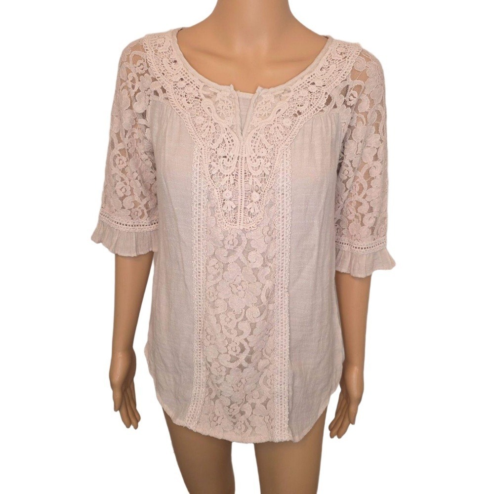 Westport Cream Lace Bell Short Sleeve Lightweight‎ Boho Top Blouse Small